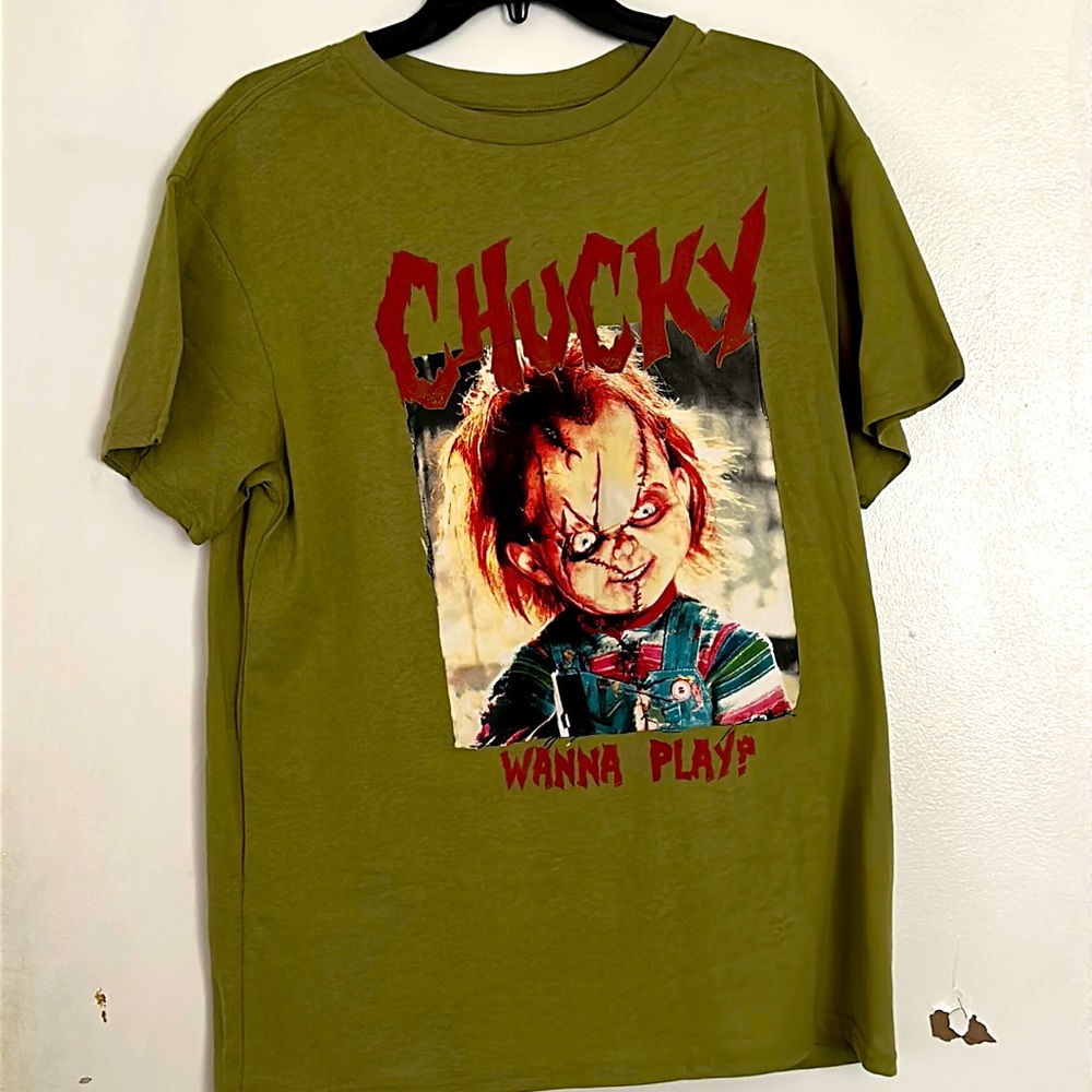 Chucky Wanna Play? XL olive green tee shirt